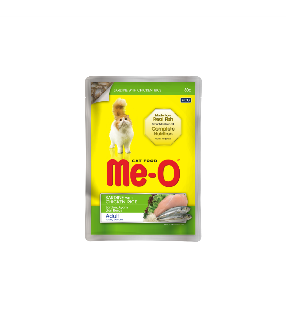 MeO Cat Pouch – Sardine with Chicken & Rice (80g)